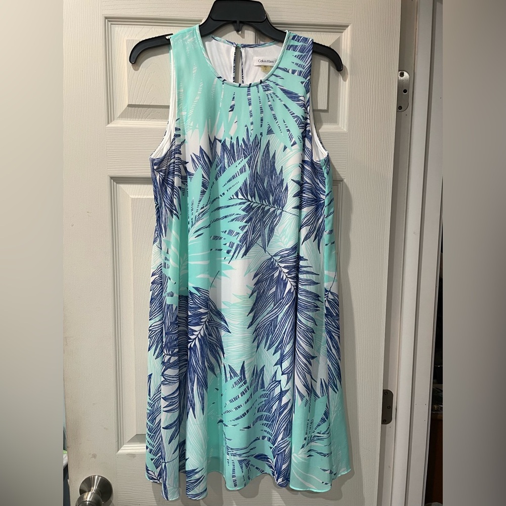 Calvin Klein Blue and Mint Patterned Sleeveless Dress Size 12